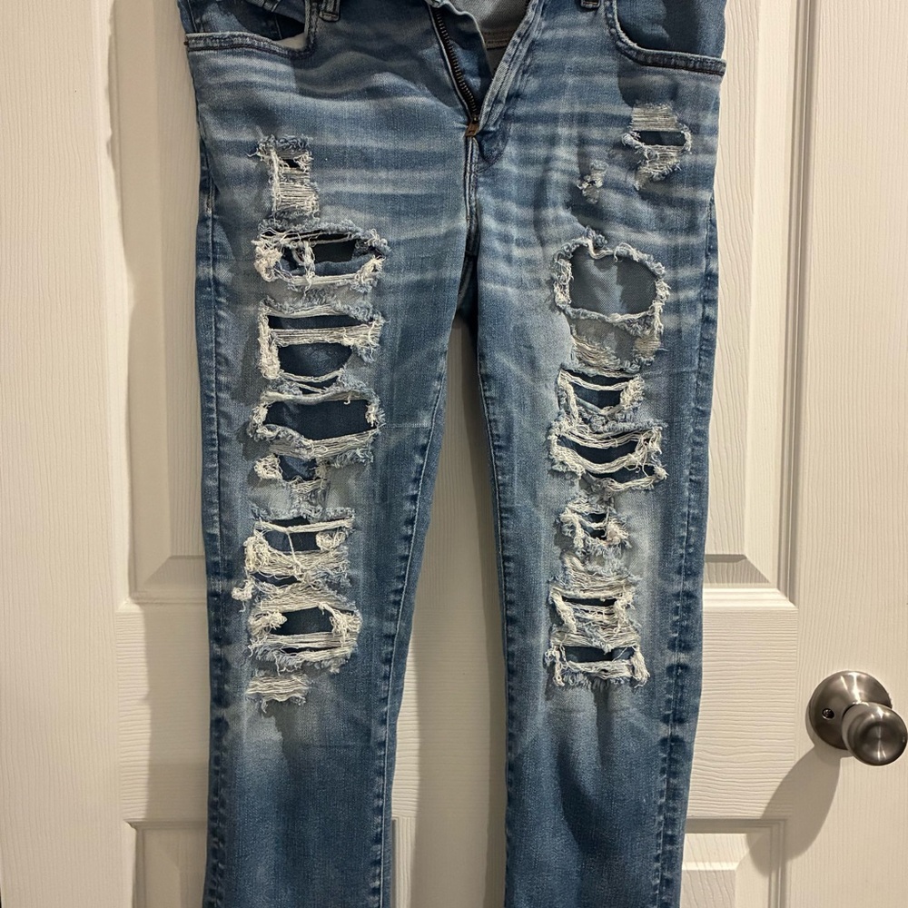 American Eagle Outfitters Blue Skinny Jeans with Distressed Detailing